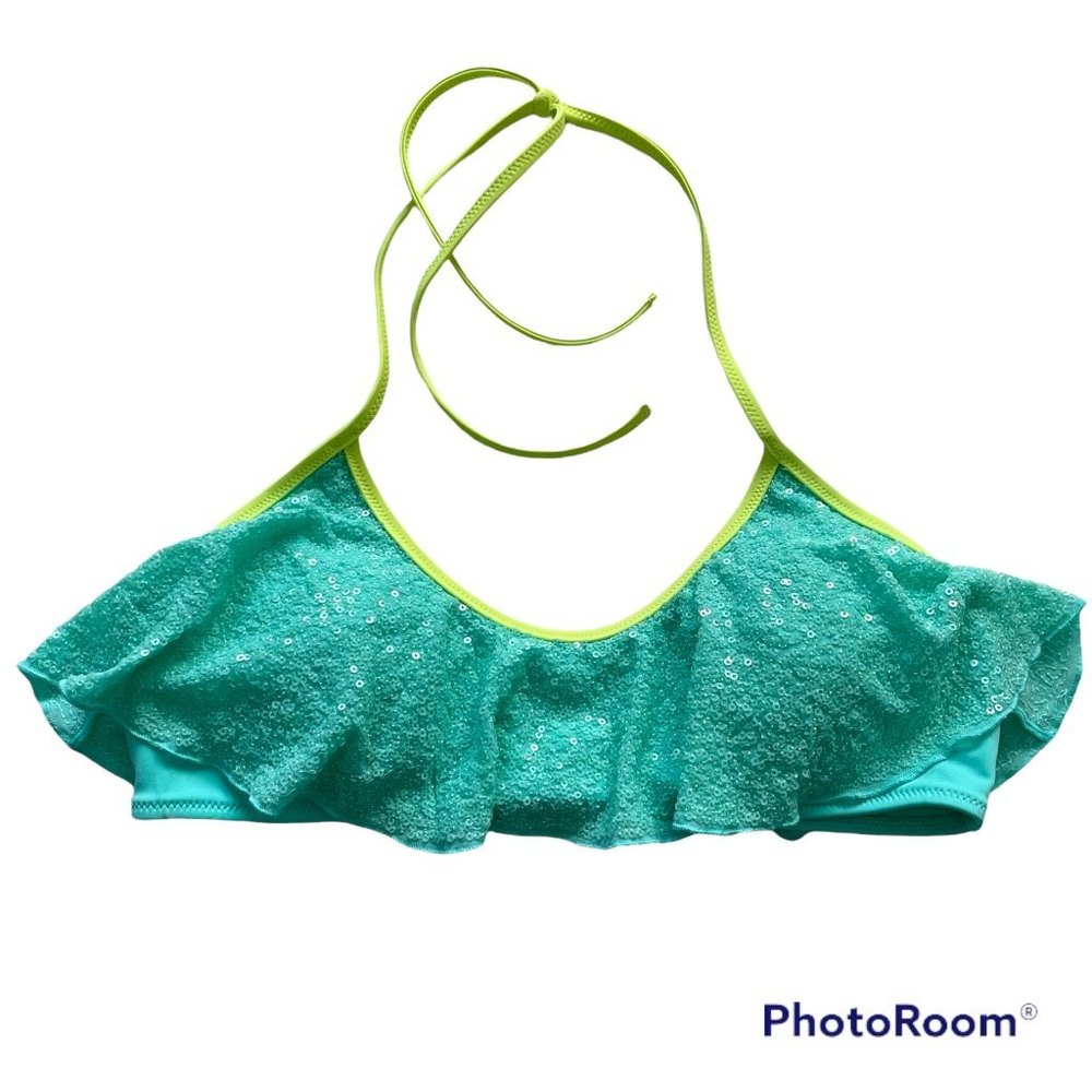 VICTORIA'S SECRET Aqua Green Sequined‎ Flounce Halter Ladies Bikini Top, M